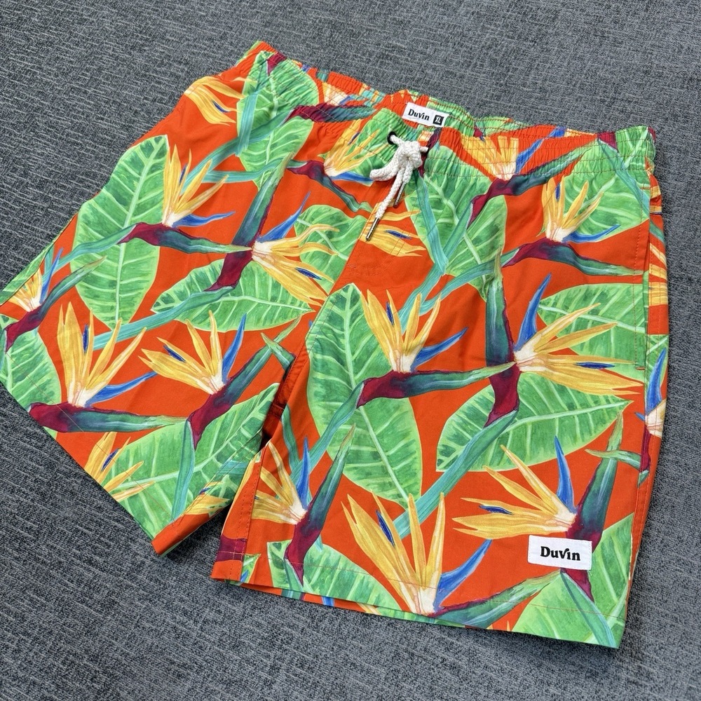 Duvin Swim Trunks Men's XL Orange Tropical Floral Beach Board Shorts